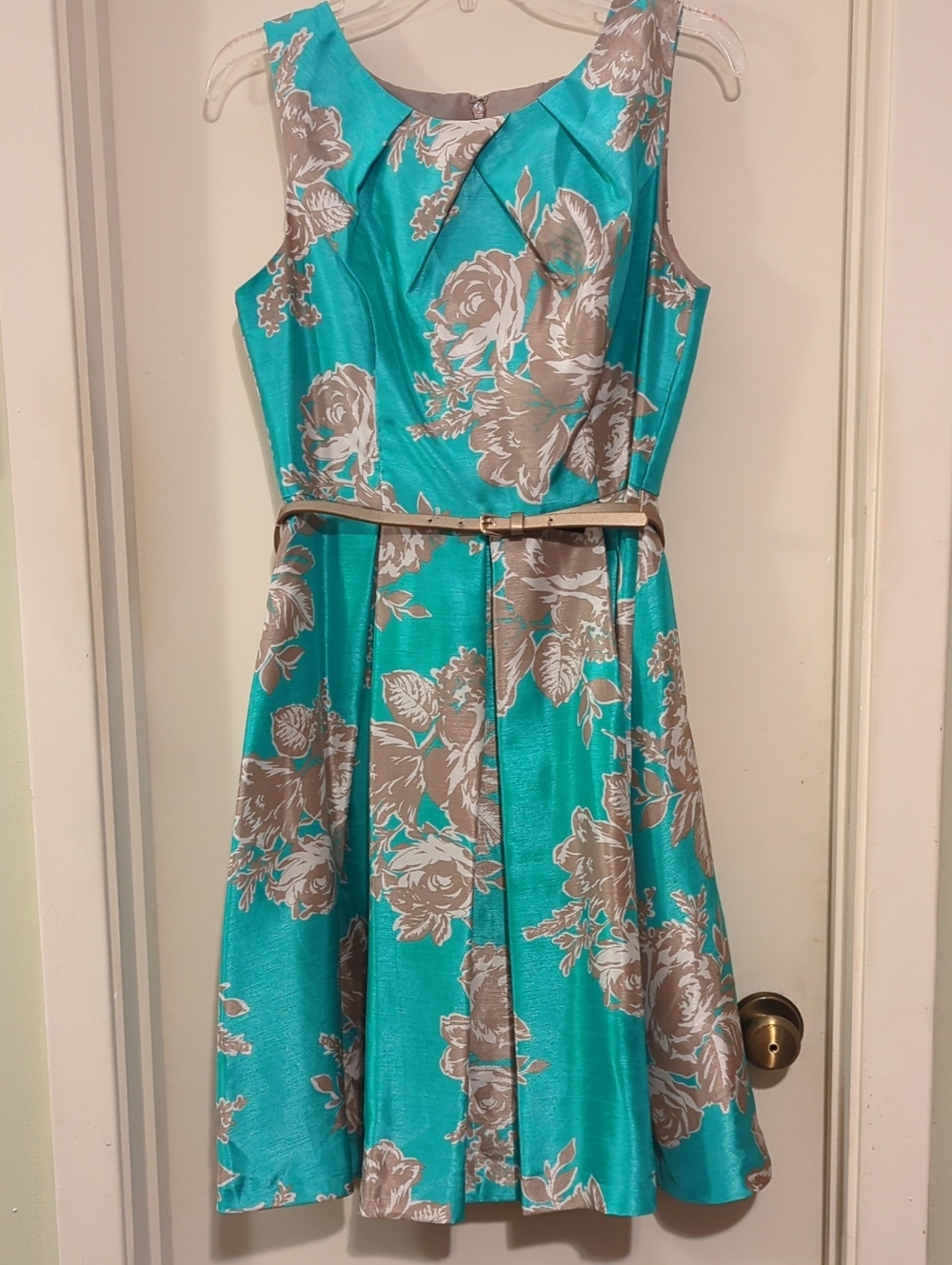 Jessica Howard Turquoise and Taupe Floral Fit-and-Flare Midi Dress